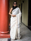 Ivory Jamdaani Saree with Grey Motifs and Striped Pallu