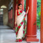 Ivory Bishnupur silk saree with hand painted Red & Pink floral designs