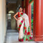 Ivory Bishnupur silk saree with hand painted Red & Pink floral designs