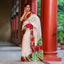 Ivory Bishnupur silk saree with hand painted Red & Pink floral designs
