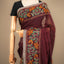Kantha Vriksha Linen Saree – Deep Plum Maroon with Hand-Embroidered Marigold &amp; Vine Needlework