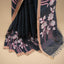 Kantha Vriksha Linen Saree – Midnight Blue with Hand-Embroidered Lotus Bloom &amp; Foliage Motifs
