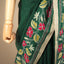 Kantha Vriksha Linen Saree – Forest Green with Hand-Embroidered Hibiscus &amp; Floral Vine Border