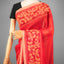 Kantha Vriksha Linen Saree – Scarlet Crimson with Hand-Embroidered Gold &amp; Ecru Botanical Jaal