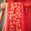 Kantha Vriksha Linen Saree – Scarlet Crimson with Hand-Embroidered Gold &amp; Ecru Botanical Jaal