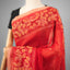 Kantha Vriksha Linen Saree – Scarlet Crimson with Hand-Embroidered Gold &amp; Ecru Botanical Jaal