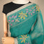 Kantha Vriksha Linen Saree – Peacock Teal with Hand-Embroidered Marigold Blossoms &amp; Lilac Foliage