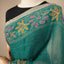 Kantha Vriksha Linen Saree – Peacock Teal with Hand-Embroidered Marigold Blossoms &amp; Lilac Foliage
