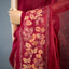 Kantha Vriksha Linen Saree – Red with Yellow and Beige Hand-Embroidered Floral Vine Border