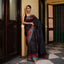 Charcoal Bishnupuri Silk Saree with Red Leaf Hand Block Print