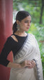 Ivory Heritage – Handwoven Pure Cotton Jamdani Saree in White and Charcoal Grey